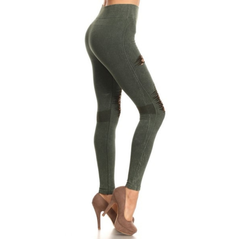 Lady's Distressed Vintage Washed Leggings A Green - Picture 2 of 5